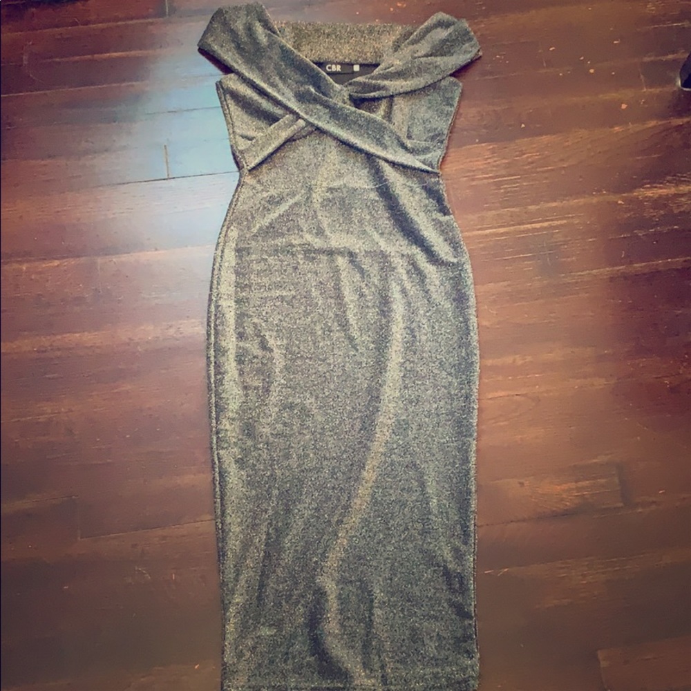 Off the shoulder charcoal metallic bodycon dress